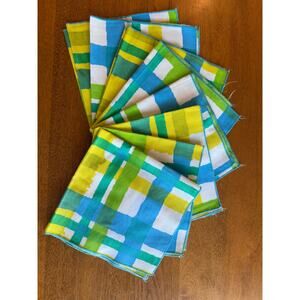 Vtg fabric napkins set of 8 - Turquoise Yellow Plaid Picnic Country Cottage Farm